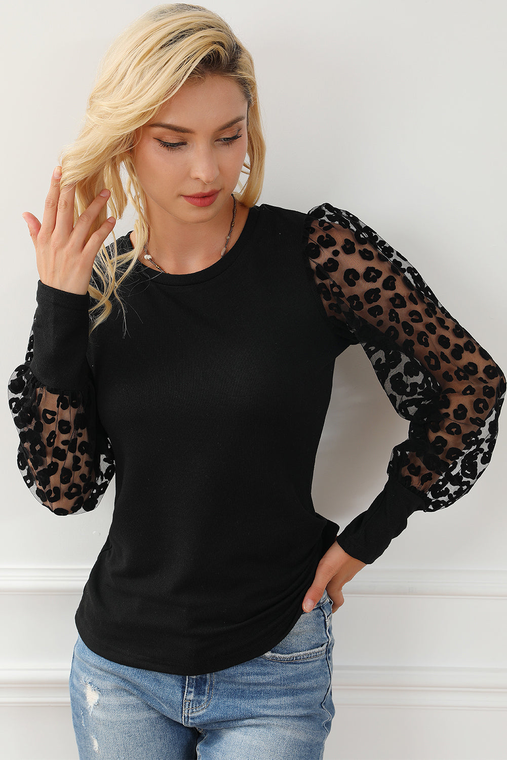 Bonita Leopard Mesh Sleeve Top