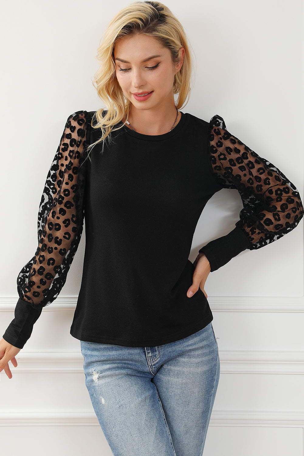 Bonita Leopard Mesh Sleeve Top